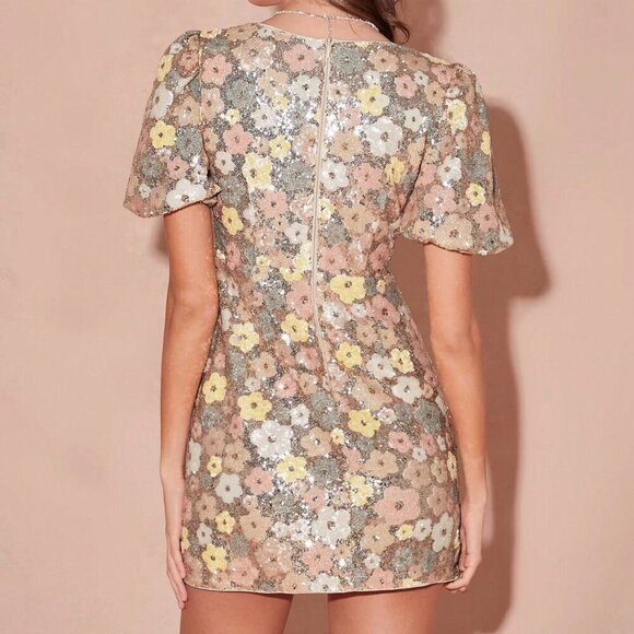 Champagne Gold Romantic Women's Sequin V-Neck Puff Sleeves Mini Dress - Picture 8 of 8